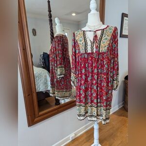 Bohemian Red and Green Long Sleeve Dress